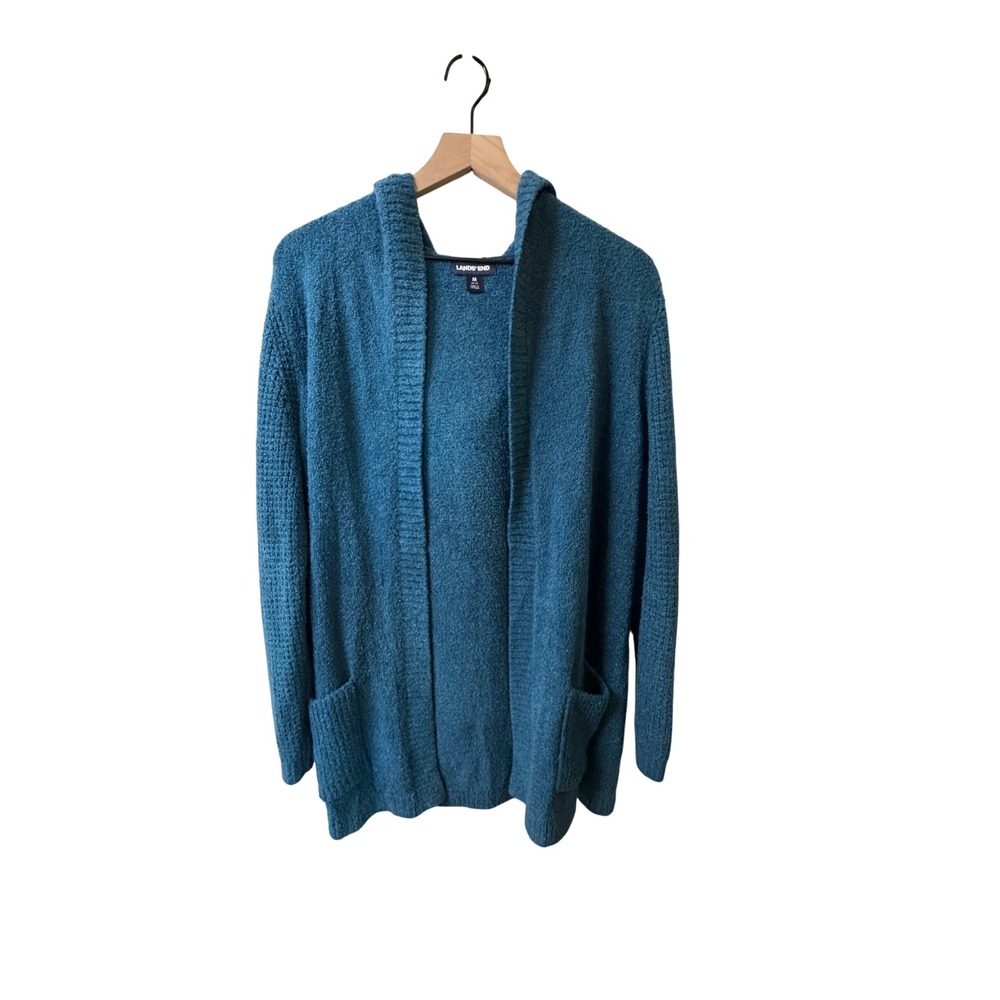 Lands End Womens Teal Blue Hooded Open Front Cardigan Sweater Size M 10-12